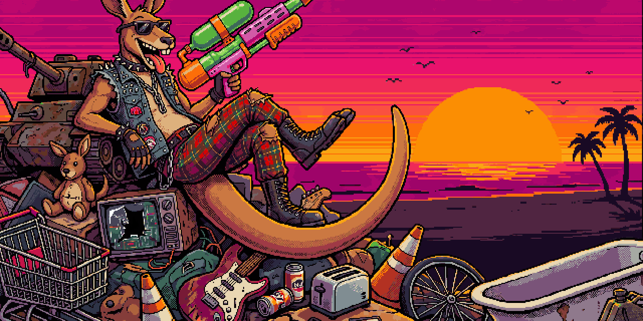 Punk rock kangaroo sitting on a pile of junk with a squirt gun, sunset beach behind him